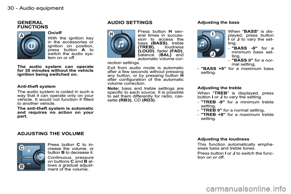 Peugeot Partner VP Dag 2007 Owners Guide �A�u�d�i�o� �e�q�u�i�p�m�e�n�t�3�0 �-
�G�E�N�E�R�A�L� �  
�F�U�N�C�T�I�O�N�S�A�U�D�I�O� �S�E�T�T�I�N�G�S
�A�d�j�u�s�t�i�n�g� �t�h�e� �l�o�u�d�n�e�s�s 
�T�h�i�s�  �f�u�n�c�t�i�o�n�  �a�u�t�o�m�a�t�i�c�