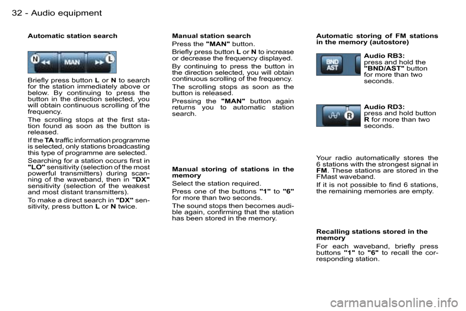 Peugeot Partner VP Dag 2007 Owners Guide �A�u�d�i�o� �e�q�u�i�p�m�e�n�t�3�2 �-
�B�r�i�e�ﬂ�y �p�r�e�s�s �b�u�t�t�o�n�L� �o�r�  �N� �t�o� �s�e�a�r�c�h� 
�f�o�r�  �t�h�e�  �s�t�a�t�i�o�n�  �i�m�m�e�d�i�a�t�e�l�y�  �a�b�o�v�e�  �o�r�  
�b�e�l�