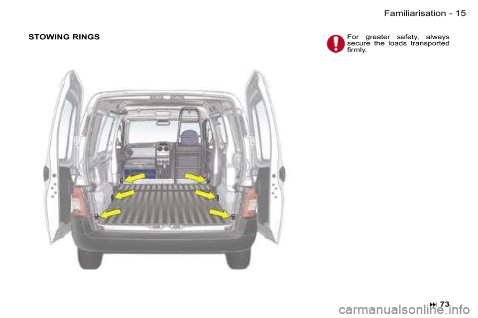 Peugeot Partner VU 2007 User Guide �1�5�F�a�m�i�l�i�a�r�i�s�a�t�i�o�n�-
�S�T�O�W�I�N�G� �R�I�N�G�S�F�o�r�  �g�r�e�a�t�e�r�  �s�a�f�e�t�y�,�  �a�l�w�a�y�s�  
�s�e�c�u�r�e�  �t�h�e�  �l�o�a�d�s�  �t�r�a�n�s�p�o�r�t�e�d� 
�ﬁ�r�m�l�y�.
�