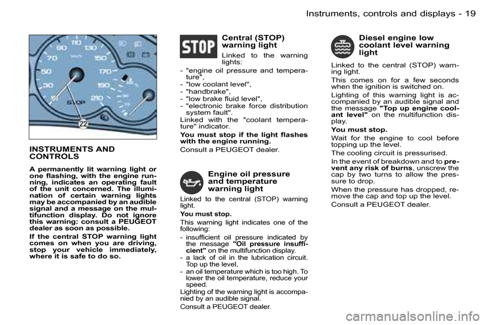 Peugeot Partner VU 2007 User Guide �1�9�I�n�s�t�r�u�m�e�n�t�s�,� �c�o�n�t�r�o�l�s� �a�n�d� �d�i�s�p�l�a�y�s�-
�I�N�S�T�R�U�M�E�N�T�S� �A�N�D�  
�C�O�N�T�R�O�L�S
�A�  �p�e�r�m�a�n�e�n�t�l�y�  �l�i�t�  �w�a�r�n�i�n�g�  �l�i�g�h�t�  �o�r�