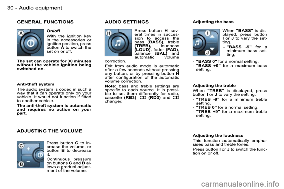 Peugeot Partner VU 2007 Owners Guide �A�u�d�i�o� �e�q�u�i�p�m�e�n�t�3�0 �-
�G�E�N�E�R�A�L� �F�U�N�C�T�I�O�N�S�A�U�D�I�O� �S�E�T�T�I�N�G�S
�A�d�j�u�s�t�i�n�g� �t�h�e� �l�o�u�d�n�e�s�s 
�T�h�i�s�  �f�u�n�c�t�i�o�n�  �a�u�t�o�m�a�t�i�c�a�l�