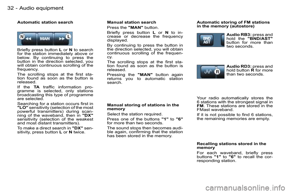 Peugeot Partner VU 2007 Owners Guide �A�u�d�i�o� �e�q�u�i�p�m�e�n�t�3�2 �-
�B�r�i�e�ﬂ�y �p�r�e�s�s �b�u�t�t�o�n�L� �o�r�  �N� �t�o� �s�e�a�r�c�h� 
�f�o�r�  �t�h�e�  �s�t�a�t�i�o�n�  �i�m�m�e�d�i�a�t�e�l�y�  �a�b�o�v�e�  �o�r�  
�b�e�l�