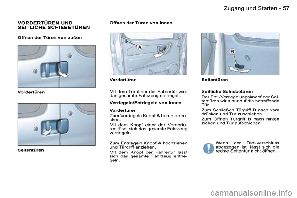 Peugeot Partner VU 2007  Betriebsanleitung (in German) �5�7
�-�Z�u�g�a�n�g� �u�n�d� �S�t�a�r�t�e�n
�V�O�R�D�E�R�T�Ü�R�E�N� �U�N�D�  
�S�E�I�T�L�I�C�H�E� �S�C�H�I�E�B�E�T�Ü�R�E�N
�V�o�r�d�e�r�t�ü�r�e�n 
�S�e�i�t�e�n�t�ü�r�e�n �V�o�r�d�e�r�t�ü�r�e�n �S