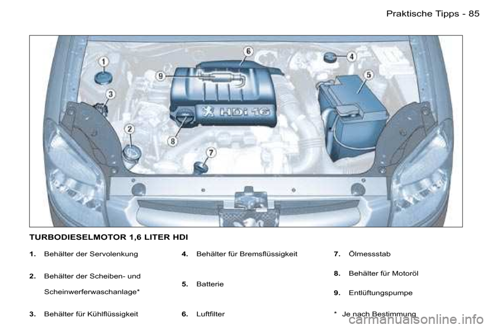Peugeot Partner VU 2007  Betriebsanleitung (in German) �8�5�P�r�a�k�t�i�s�c�h�e� �T�i�p�p�s�-
�1�.�  �B�e�h�ä�l�t�e�r� �d�e�r� �S�e�r�v�o�l�e�n�k�u�n�g
�2�. �  �B�e�h�ä�l�t�e�r� �d�e�r� �S�c�h�e�i�b�e�n�-� �u�n�d� 
�S�c�h�e�i�n�w�e�r�f�e�r�w�a�s�c�h�a�n