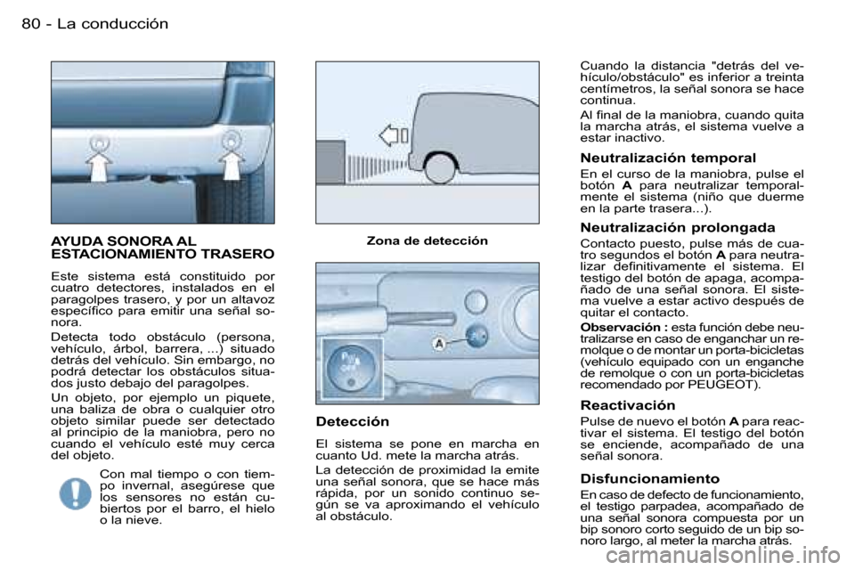 Peugeot Partner VU 2007  Manual del propietario (in Spanish) �8�0 �-�L�a� �c�o�n�d�u�c�c�i�ó�n
�A�Y�U�D�A� �S�O�N�O�R�A� �A�L�  
�E�S�T�A�C�I�O�N�A�M�I�E�N�T�O� �T�R�A�S�E�R�O
�E�s�t�e�  �s�i�s�t�e�m�a�  �e�s�t�á�  �c�o�n�s�t�i�t�u�i�d�o�  �p�o�r�  
�c�u�a�t�