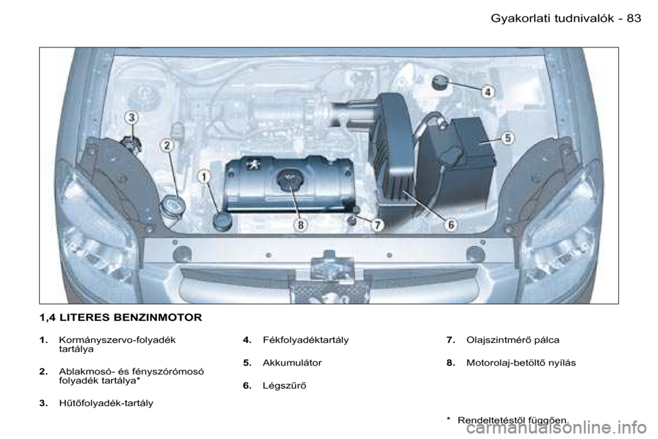 Peugeot Partner VU 2007  Kezelési útmutató (in Hungarian) �8�3�G�y�a�k�o�r�l�a�t�i� �t�u�d�n�i�v�a�l�ó�k�-
�1�.�  �K�o�r�m�á�n�y�s�z�e�r�v�o�-�f�o�l�y�a�d�é�k� � 
�t�a�r�t�á�l�y�a
�2�. �  �A�b�l�a�k�m�o�s�ó�-� �é�s� �f�é�n�y�s�z�ó�r�ó�m�o�s�ó� 
�f�