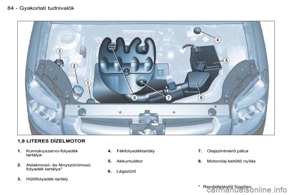 Peugeot Partner VU 2007  Kezelési útmutató (in Hungarian) �G�y�a�k�o�r�l�a�t�i� �t�u�d�n�i�v�a�l�ó�k�8�4 �-
�1�.�  �K�o�r�m�á�n�y�s�z�e�r�v�o�-�f�o�l�y�a�d�é�k� � 
�t�a�r�t�á�l�y�a
�2�. �  �A�b�l�a�k�m�o�s�ó�-� �é�s� �f�é�n�y�s�z�ó�r�ó�m�o�s�ó� 
�f