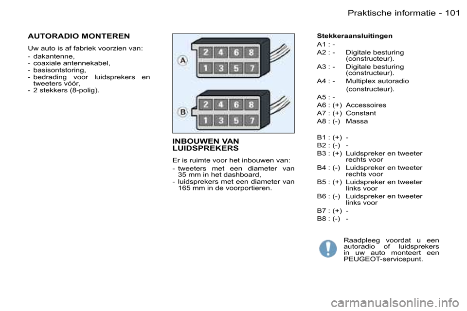Peugeot Partner VU 2007  Handleiding (in Dutch) �1�0�1�P�r�a�k�t�i�s�c�h�e� �i�n�f�o�r�m�a�t�i�e�-
�S�t�e�k�k�e�r�a�a�n�s�l�u�i�t�i�n�g�e�n 
�A�1� �:� �- 
�A�2� �:� �-�  �D�i�g�i�t�a�l�e� �b�e�s�t�u�r�i�n�g� � �(�c�o�n�s�t�r�u�c�t�e�u�r�)�.
�A�3� �