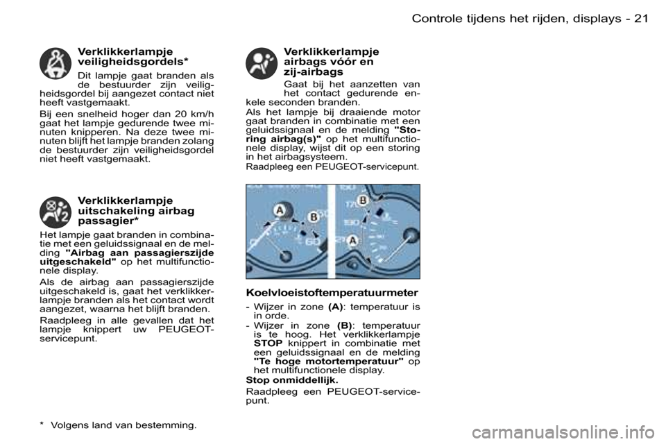 Peugeot Partner VU 2007  Handleiding (in Dutch) �2�1�C�o�n�t�r�o�l�e� �t�i�j�d�e�n�s� �h�e�t� �r�i�j�d�e�n�,� �d�i�s�p�l�a�y�s�-
�V�e�r�k�l�i�k�k�e�r�l�a�m�p�j�e�  
�v�e�i�l�i�g�h�e�i�d�s�g�o�r�d�e�l�s�*
�D�i�t�  �l�a�m�p�j�e�  �g�a�a�t�  �b�r�a�n�