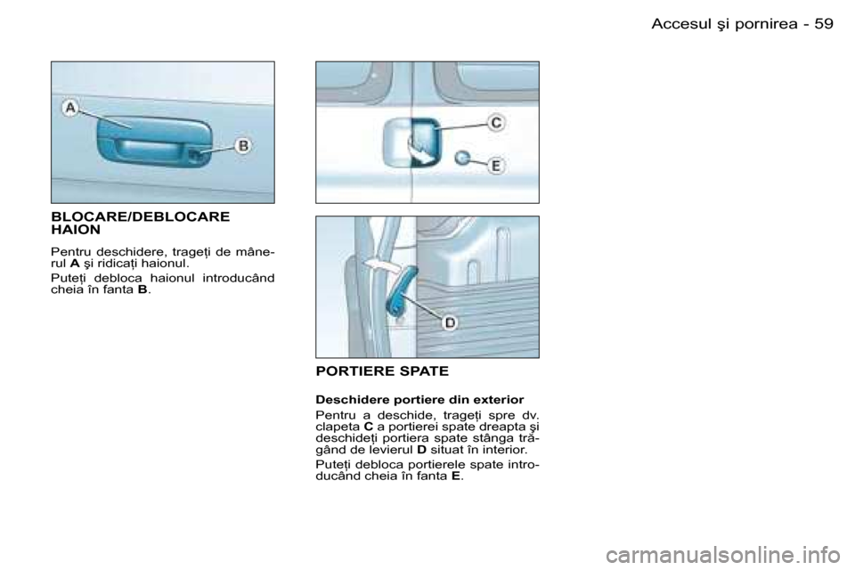 Peugeot Partner VU 2007  Manualul de utilizare (in Romanian) 59
-
�A�c�c�e�s�u�l� �ş�i� �p�o�r�n�i�r�e�a
BLOCARE/DEBLOCARE  
HAION
�P�e�n�t�r�u�  �d�e�s�c�h�i�d�e�r�e�,�  �t�r�a�g�e �i�  �d�e�  �m�â�n�e
-
�r�u�l�  A� �ş�i� �r�i�d�i�c�a �i� �h�a�i�o�n�u�l�.
