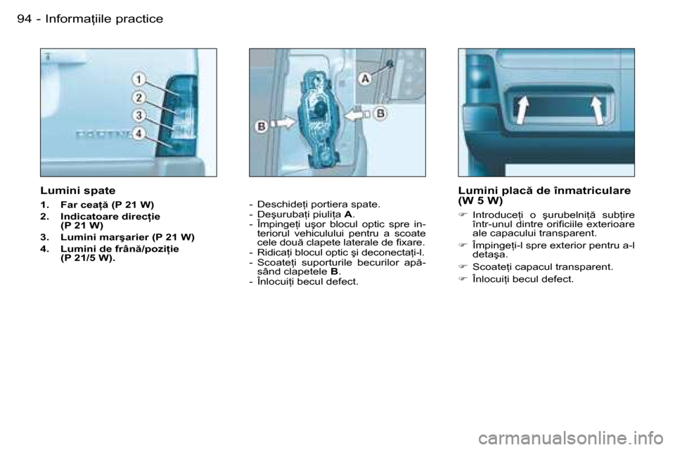 Peugeot Partner VU 2007  Manualul de utilizare (in Romanian) �I�n�f�o�r�m�a �i�i�l�e� �p�r�a�c�t�i�c�e
94 -
�L�u�m�i�n�i� �s�p�a�t�e�  
�1�.�  �F�a�r� �c�e�a= � �(�P� �2�1� �W�) 
�2�.�  �I�n�d�i�c�a�t�o�a�r�e� �d�i�r�e�c=�i�e  
�(�P� �2�1� �W�)
�3�.�  �L�u�
