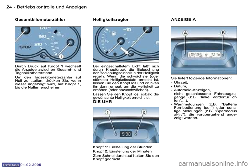 Peugeot Partner VU 2005  Betriebsanleitung (in German) �B�e�t�r�i�e�b�s�k�o�n�t�r�o�l�l�e� �u�n�d� �A�n�z�e�i�g�e�n�2�4 �-
�0�1�-�0�2�-�2�0�0�5
�2�5�B�e�t�r�i�e�b�s�k�o�n�t�r�o�l�l�e� �u�n�d� �A�n�z�e�i�g�e�n�-
�0�1�-�0�2�-�2�0�0�5
�A�N�Z�E�I�G�E� �A
�S�i