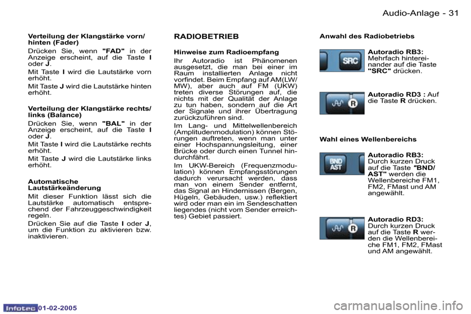 Peugeot Partner VU 2005  Betriebsanleitung (in German) �A�u�d�i�o�-�A�n�l�a�g�e�3�0 �-
�0�1�-�0�2�-�2�0�0�5
�3�1�A�u�d�i�o�-�A�n�l�a�g�e�-
�0�1�-�0�2�-�2�0�0�5
�R�A�D�I�O�B�E�T�R�I�E�B
�H�i�n�w�e�i�s�e� �z�u�m� �R�a�d�i�o�e�m�p�f�a�n�g�  
�I�h�r�  �A�u�t�