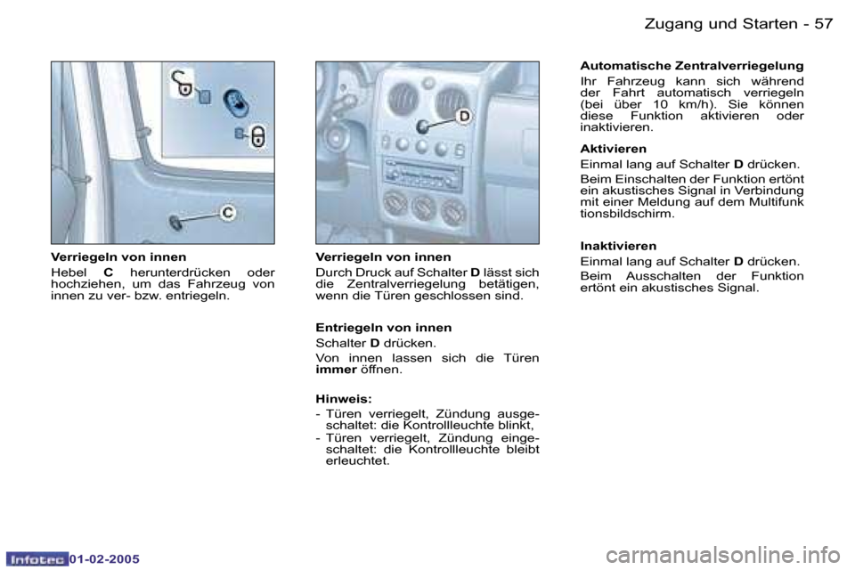 Peugeot Partner VU 2005  Betriebsanleitung (in German) �5�6 �-�Z�u�g�a�n�g� �u�n�d� �S�t�a�r�t�e�n
�0�1�-�0�2�-�2�0�0�5
�5�7
�-�Z�u�g�a�n�g� �u�n�d� �S�t�a�r�t�e�n
�0�1�-�0�2�-�2�0�0�5
�V�e�r�r�i�e�g�e�l�n� �v�o�n� �i�n�n�e�n�  
�H�e�b�e�l�  �C� �h�e�r�u�