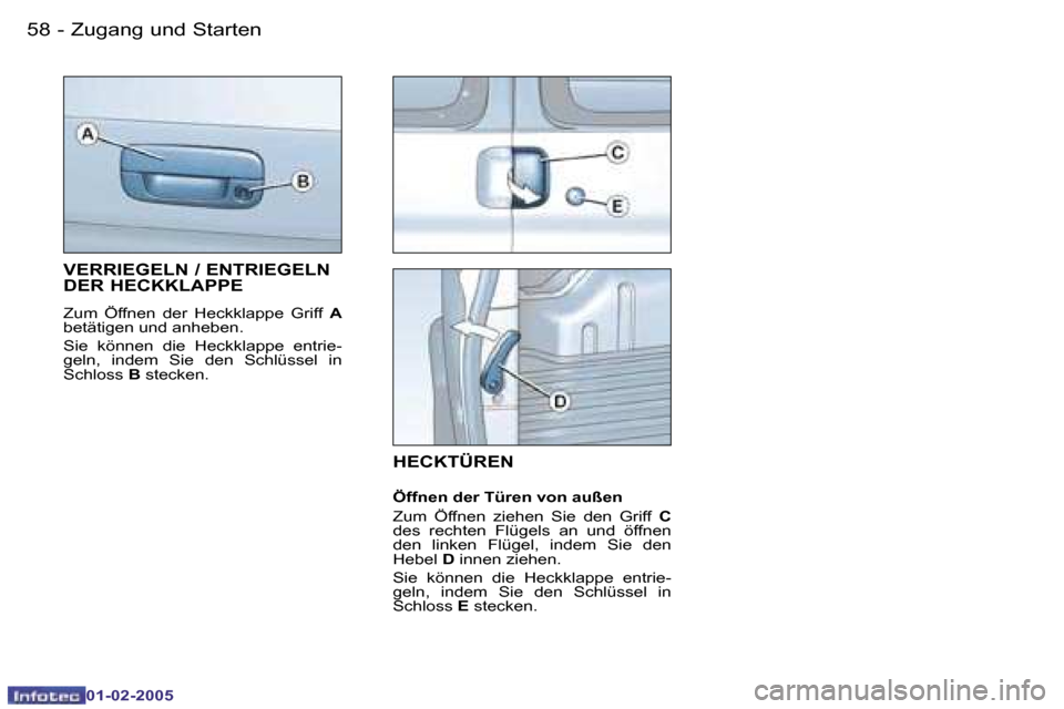 Peugeot Partner VU 2005  Betriebsanleitung (in German) �5�8 �-�Z�u�g�a�n�g� �u�n�d� �S�t�a�r�t�e�n
�0�1�-�0�2�-�2�0�0�5
�5�9
�-�Z�u�g�a�n�g� �u�n�d� �S�t�a�r�t�e�n
�0�1�-�0�2�-�2�0�0�5
�V�E�R�R�I�E�G�E�L�N� �/� �E�N�T�R�I�E�G�E�L�N�  
�D�E�R� �H�E�C�K�K�L