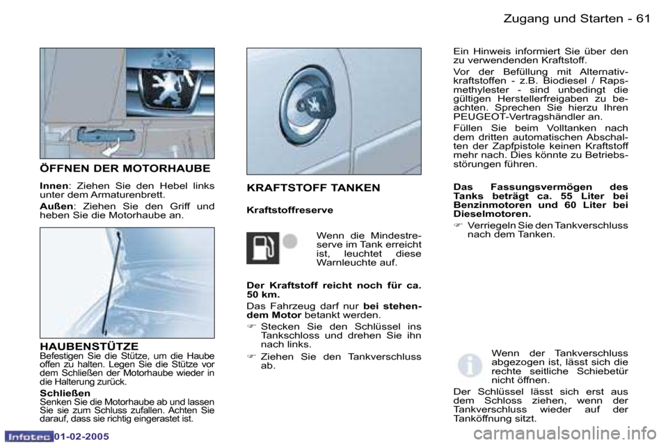 Peugeot Partner VU 2005  Betriebsanleitung (in German) �6�0 �-�Z�u�g�a�n�g� �u�n�d� �S�t�a�r�t�e�n
�0�1�-�0�2�-�2�0�0�5
�6�1
�-
�Z�u�g�a�n�g� �u�n�d� �S�t�a�r�t�e�n
�0�1�-�0�2�-�2�0�0�5
�Ö�F�F�N�E�N� �D�E�R� �M�O�T�O�R�H�A�U�B�E
�I�n�n�e�n
�:�  �Z�i�e�h�
