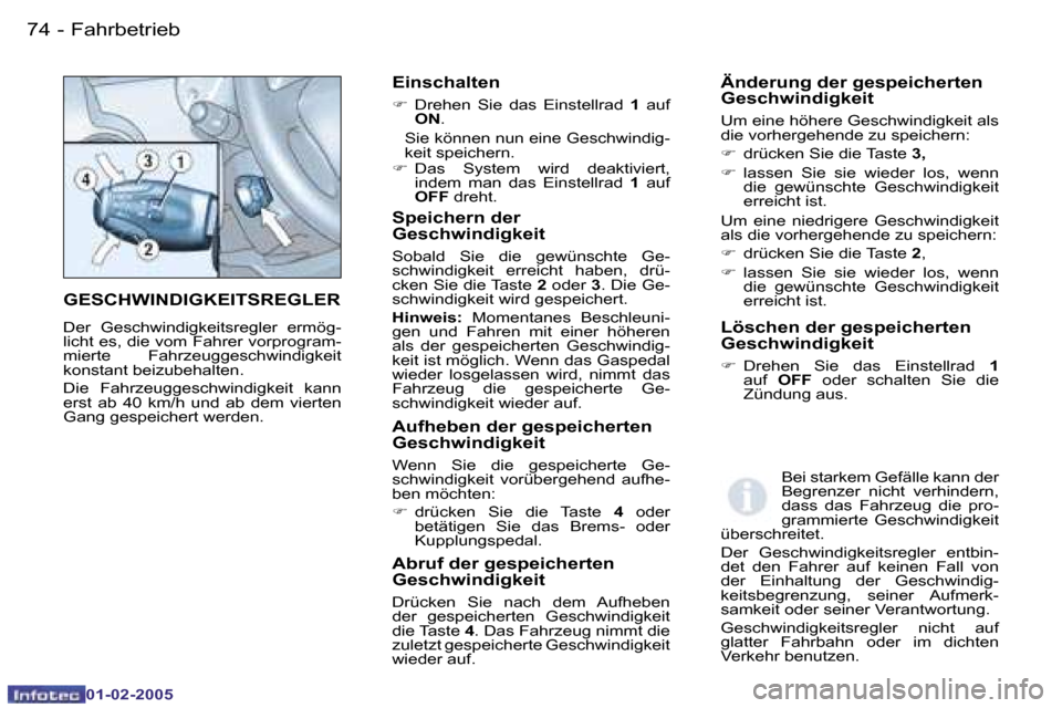 Peugeot Partner VU 2005  Betriebsanleitung (in German) �7�4 �-�F�a�h�r�b�e�t�r�i�e�b
�0�1�-�0�2�-�2�0�0�5
�7�5
�-�F�a�h�r�b�e�t�r�i�e�b
�0�1�-�0�2�-�2�0�0�5
�G�E�S�C�H�W�I�N�D�I�G�K�E�I�T�S�R�E�G�L�E�R
�D�e�r�  �G�e�s�c�h�w�i�n�d�i�g�k�e�i�t�s�r�e�g�l�e�r