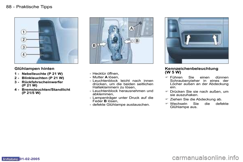 Peugeot Partner VU 2005  Betriebsanleitung (in German) �P�r�a�k�t�i�s�c�h�e� �T�i�p�p�s�8�8 �-
�0�1�-�0�2�-�2�0�0�5
�8�9�P�r�a�k�t�i�s�c�h�e� �T�i�p�p�s�-
�0�1�-�0�2�-�2�0�0�5
�G�l�ü�h�l�a�m�p�e�n� �h�i�n�t�e�n
�1� �-�  �N�e�b�e�l�l�e�u�c�h�t�e� �(�P� �2