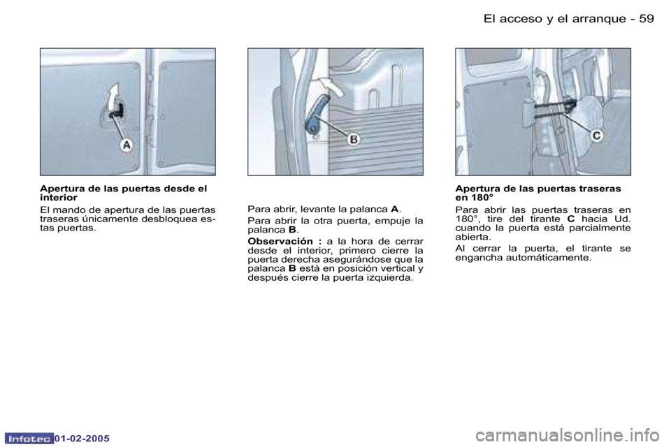 Peugeot Partner VU 2005  Manual del propietario (in Spanish) �5�8 �-�E�l� �a�c�c�e�s�o� �y� �e�l� �a�r�r�a�n�q�u�e
�0�1�-�0�2�-�2�0�0�5
�5�9
�-�E�l� �a�c�c�e�s�o� �y� �e�l� �a�r�r�a�n�q�u�e
�0�1�-�0�2�-�2�0�0�5
�A�p�e�r�t�u�r�a� �d�e� �l�a�s� �p�u�e�r�t�a�s� �d