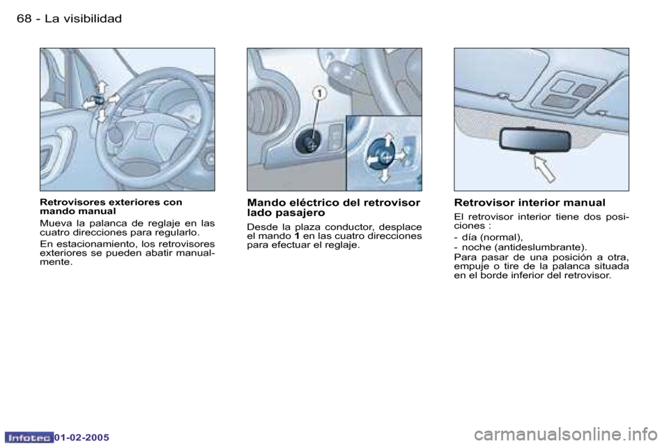 Peugeot Partner VU 2005  Manual del propietario (in Spanish) �6�8 �-�L�a� �v�i�s�i�b�i�l�i�d�a�d
�0�1�-�0�2�-�2�0�0�5
�R�e�t�r�o�v�i�s�o�r�e�s� �e�x�t�e�r�i�o�r�e�s� �c�o�n�  
�m�a�n�d�o� �m�a�n�u�a�l 
�M�u�e�v�a�  �l�a�  �p�a�l�a�n�c�a�  �d�e�  �r�e�g�l�a�j�e�