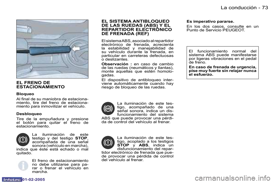 Peugeot Partner VU 2005  Manual del propietario (in Spanish) �7�3
�-
�L�a� �c�o�n�d�u�c�c�i�ó�n
�0�1�-�0�2�-�2�0�0�5
�E�L� �F�R�E�N�O� �D�E�  
�E�S�T�A�C�I�O�N�A�M�I�E�N�T�O
�B�l�o�q�u�e�o 
�A�l� �i�n�a�l� �d�e� �s�u� �m�a�n�i�o�b�r�a� �d�e� �e�s�t�a�c�i�o�n�a