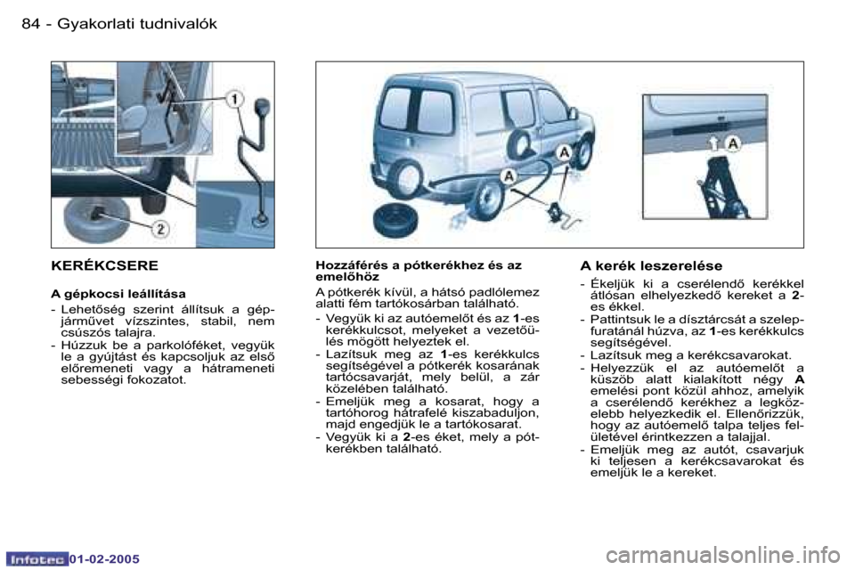 Peugeot Partner VU 2005  Kezelési útmutató (in Hungarian) �G�y�a�k�o�r�l�a�t�i� �t�u�d�n�i�v�a�l�ó�k�8�4 �-
�0�1�-�0�2�-�2�0�0�5
�8�5�G�y�a�k�o�r�l�a�t�i� �t�u�d�n�i�v�a�l�ó�k�-
�0�1�-�0�2�-�2�0�0�5
�K�E�R�É�K�C�S�E�R�E
�A� �g�é�p�k�o�c�s�i� �l�e�á�l�l�