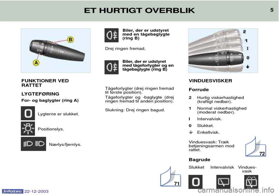 Peugeot Partner VU 2004  Instruktionsbog (in Danish) 5ET HURTIGT OVERBLIK
FUNKTIONER VED 
RATTET 
LYGTEF¯RING 
For- og baglygter (ring A)Lygterne er slukket. Positionslys.
N¾rlys/fjernlys.
Biler, der er udstyret med en tŒgebaglygte(ring B)
Drej ringe