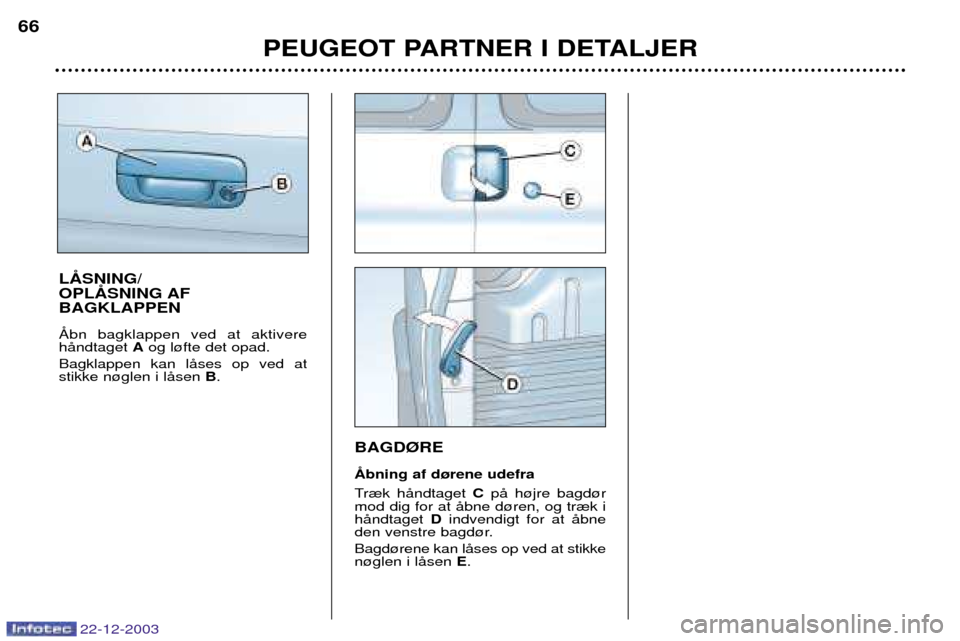 Peugeot Partner VU 2004  Instruktionsbog (in Danish) PEUGEOT PARTNER I DETALJER
66
22-12-2003
BAGD¯RE  
Tr¾k hŒndtaget 
C pŒ h¿jre bagd¿r
mod dig for at Œbne d¿ren, og tr¾k i hŒndtaget  Dindvendigt for at Œbne
den venstre bagd¿r.  Bagd¿rene