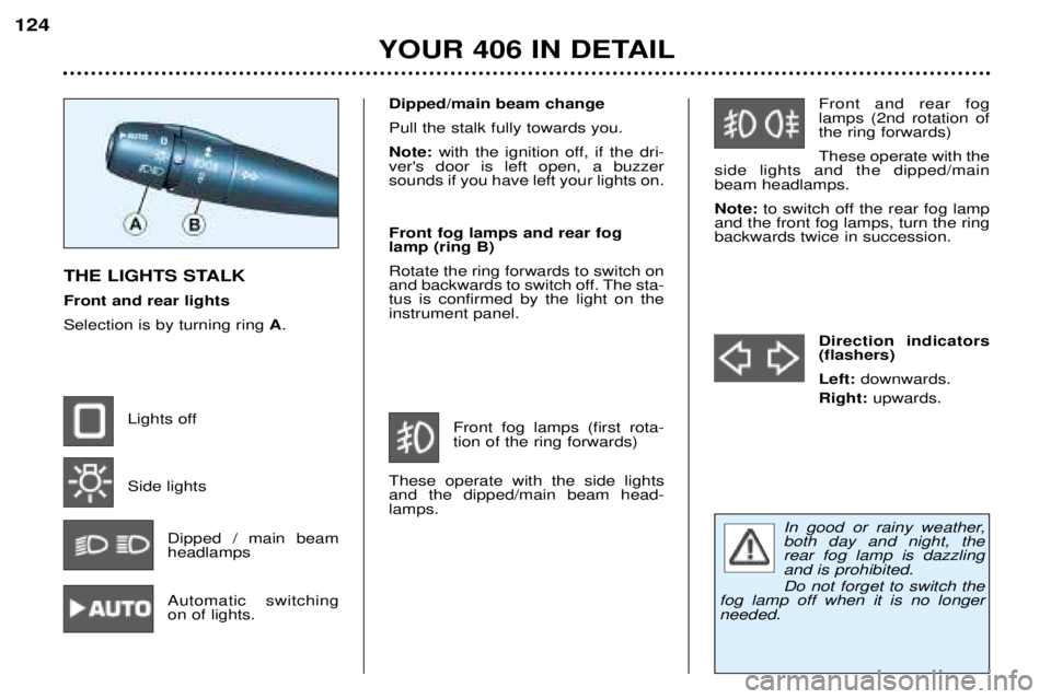 Peugeot 406 2002 Owners Manual In good or rainy weather, both day and night, therear fog lamp is dazzlingand is prohibited. Do not forget to switch the
fog lamp off when it is no longer needed. Front and rear foglamps (2nd rotatio Peugeot 406 2002 Owners Manual In good or rainy weather, both day and night, therear fog lamp is dazzlingand is prohibited. Do not forget to switch the
fog lamp off when it is no longer needed. Front and rear foglamps (2nd rotatio