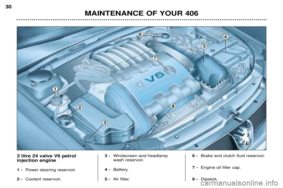 Peugeot 406 2002 Owners Manual MAINTENANCE OF YOUR 406
30
3 litre 24 valve V6 petrol injection engine 1 -
Power steering reservoir.
2 - Coolant reservoir. 3 -
Windscreen and headlamp
wash reservoir.
4 - Battery.
5 - Air filter. Peugeot 406 2002 Owners Manual MAINTENANCE OF YOUR 406
30
3 litre 24 valve V6 petrol injection engine 1 -
Power steering reservoir.
2 - Coolant reservoir. 3 -
Windscreen and headlamp
wash reservoir.
4 - Battery.
5 - Air filter.
