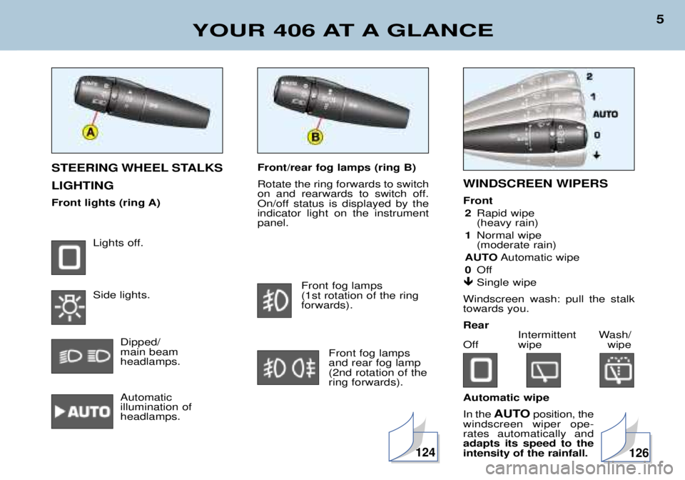 Peugeot 406 2002  Owners Manual 124
Front/rear fog lamps (ring B) Rotate the ring forwards to switch 
on and rearwards to switch off.
On/off status is displayed by theindicator light on the instrumentpanel.Front fog lamps (1st rotat