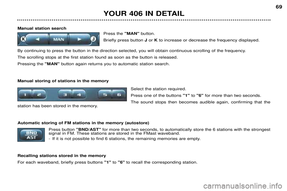 Peugeot 406 2002 Owners Guide YOUR 406 IN DETAIL69
Manual station search Press the "MAN"button.
Briefly press button Jor Kto increase or decrease the frequency displayed.
By continuing to press the button in the directio Peugeot 406 2002 Owners Guide YOUR 406 IN DETAIL69
Manual station search Press the "MAN"button.
Briefly press button Jor Kto increase or decrease the frequency displayed.
By continuing to press the button in the directio