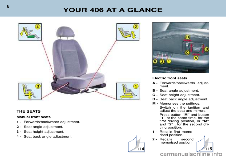 Peugeot 406 2002  Owners Manual Electric front seats 
A- Forwards/backwards adjust- ment.
B -  Seat angle adjustment.
C -  Seat height adjustment.
D -  Seat back angle adjustment.
M -  Memorises the settings. Switch on the ignition 