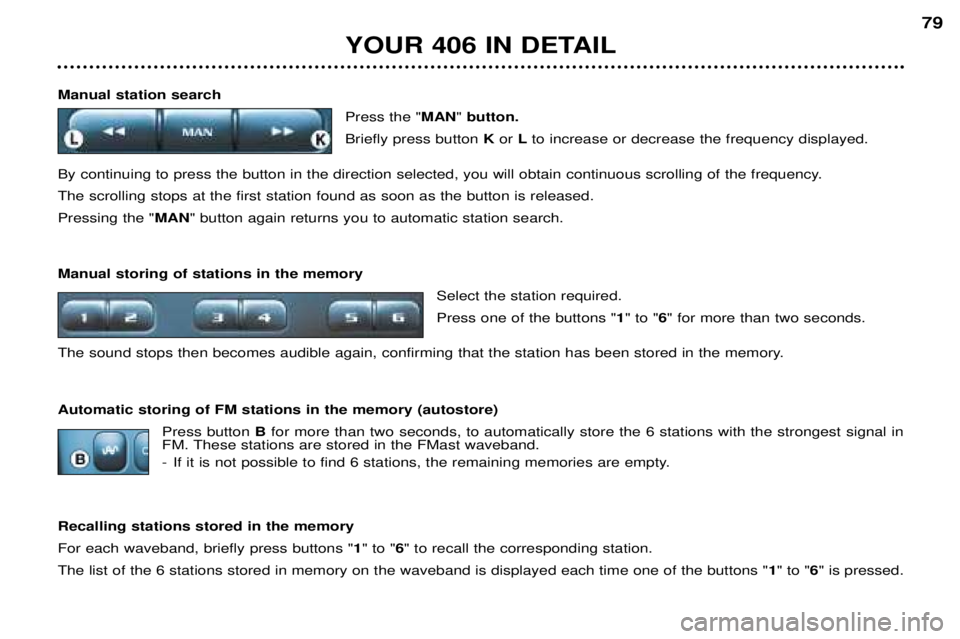 Peugeot 406 2002  Owners Manual Manual station searchPress the "MAN" button.
Briefly press button  Kor  Lto increase or decrease the frequency displayed.
By continuing to press the button in the direction selected, you will 