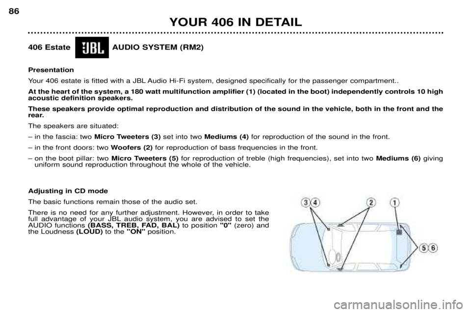 Peugeot 406 2002 Workshop Manual YOUR 406 IN DETAIL
86
406 Estate AUDIO SYSTEM (RM2) Presentation
Your 406 estate is fitted with a JBL Audio Hi-Fi system, designed specifically for the passenger compartment.. At the h Peugeot 406 2002 Workshop Manual YOUR 406 IN DETAIL
86
406 Estate AUDIO SYSTEM (RM2) Presentation
Your 406 estate is fitted with a JBL Audio Hi-Fi system, designed specifically for the passenger compartment.. At the h