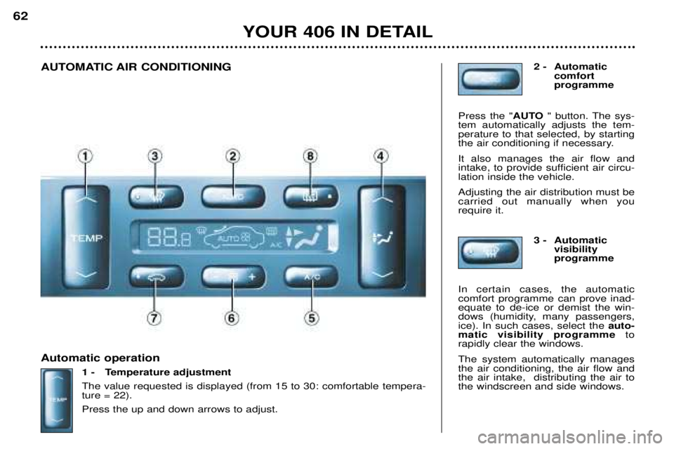 Peugeot 406 2002 Manual Online Automatic operation1 - Temperature adjustment The value requested is displayed (from 15 to 30: comfortable tempera- ture = 22). Press the up and down arrows to adjust. 2 - Automatic
comfort programme Peugeot 406 2002 Manual Online Automatic operation1 - Temperature adjustment The value requested is displayed (from 15 to 30: comfortable tempera- ture = 22). Press the up and down arrows to adjust. 2 - Automatic
comfort programme