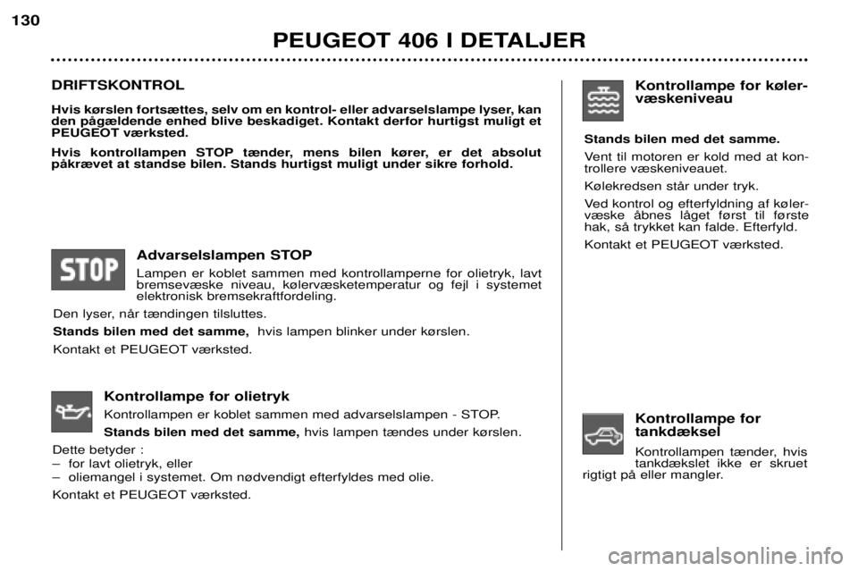 Peugeot 406 2002 Instruktionsbog (in Danish) DRIFTSKONTROL
Hvis k¿rslen forts¾ttes, selv om en kontrol- eller advarselslampe lyser, kan den pŒg¾ldende enhed blive beskadiget. Kontakt derfor hurtigst muligt etPEUGEOT v¾rksted.
Hvis kontrol Peugeot 406 2002 Instruktionsbog (in Danish) DRIFTSKONTROL
Hvis k¿rslen forts¾ttes, selv om en kontrol- eller advarselslampe lyser, kan den pŒg¾ldende enhed blive beskadiget. Kontakt derfor hurtigst muligt etPEUGEOT v¾rksted.
Hvis kontrol