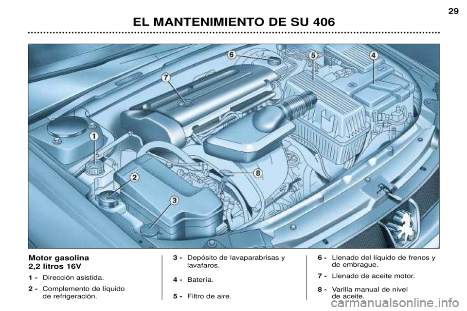 Peugeot 406 2002 Manual del propietario (in Spanish) EL MANTENIMIENTO DE SU 406
29
Motor gasolina 2,2 litros 16V 1 -Dirección asistida.
2 - Complemento de líquido de refrigeración. 3 -
Depósito de lavaparabrisas y lavafaros.
4 - Batería.
5 - Filt Peugeot 406 2002 Manual del propietario (in Spanish) EL MANTENIMIENTO DE SU 406
29
Motor gasolina 2,2 litros 16V 1 -Dirección asistida.
2 - Complemento de líquido de refrigeración. 3 -
Depósito de lavaparabrisas y lavafaros.
4 - Batería.
5 - Filt