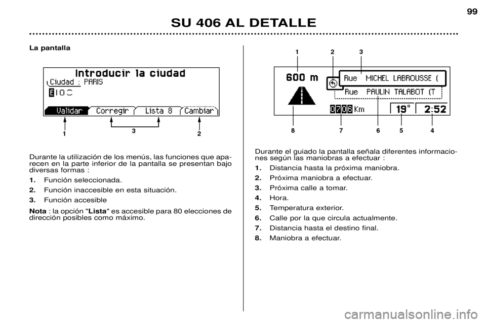 Peugeot 406 2002  Manual del propietario (in Spanish) La pantalla  Durante la utilización de los menús, las funciones que apa- recen en la parte inferior de la pantalla se presentan bajodiversas formas : 1. Función seleccionada.
2. Función inaccesibl