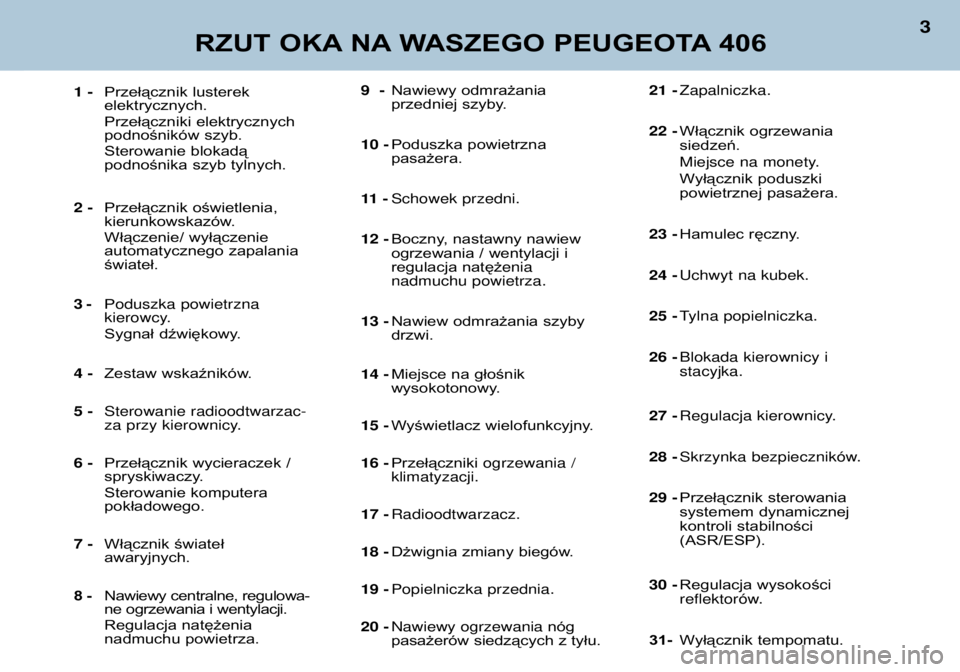 Peugeot 406 2002  Instrukcja Obsługi (in Polish) 9  -Nawiewy odmrażania  
przedniej szyby.
10 - Poduszka powietrznapasażera.
11  - Schowek przedni.
12 - Boczny, nastawny nawiew
ogrzewania / wentylacji i
regulacja natęż enia 
nadmuchu powietrza.
