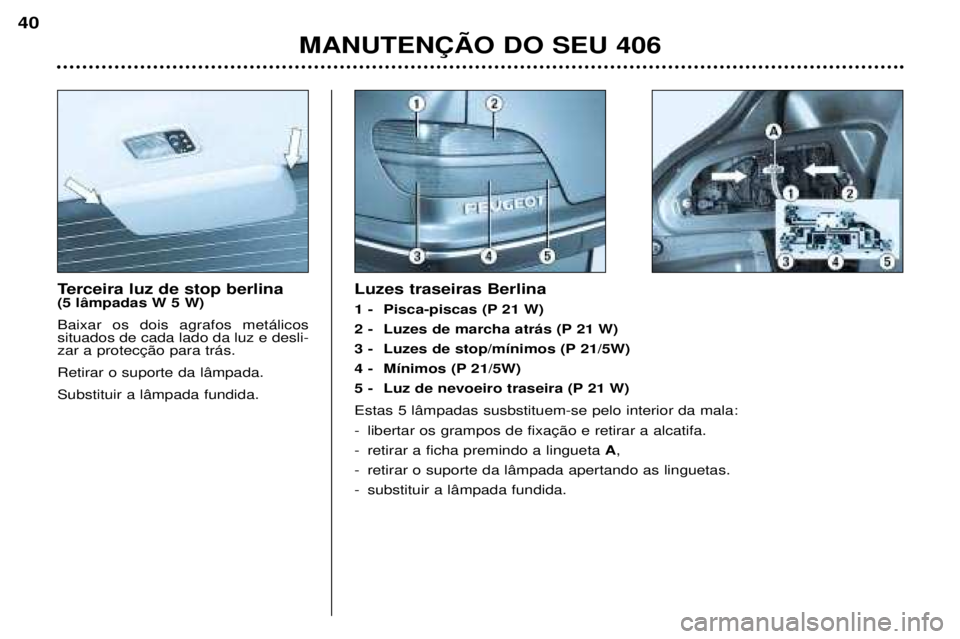 Peugeot 406 2002  Manual do proprietário (in Portuguese) Terceira luz de stop berlina  (5 lâmpadas W 5 W) Baixar os dois agrafos metálicos situados de cada lado da luz e desli-zar a protecção para trás. Retirar o suporte da lâmpada.Substituir a lâmpa