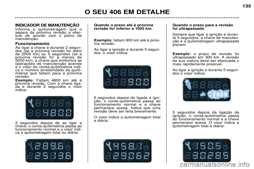 Peugeot 406 2002  Manual do proprietário (in Portuguese) INDICADOR DE MANUTENÇÃO Informa a quilometragem que o separa da próxima revisão a efec-tuar de acordo com o plano demanutenção. Funcionamento Ao ligar a chave e durante 2 segun- dos (se a próxi
