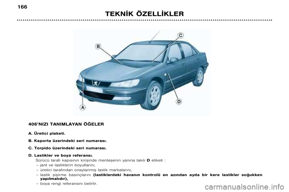 Peugeot 406 2002  Kullanım Kılavuzu (in Turkish) TEKN¬K ÖZELL¬KLER
166
406’NIZI TANIMLAYAN Ö†ELER 
A. Üretici plaketi.  
B. Kaporta üzerindeki seri numaras€. 
C. Torpido üzerindeki seri numaras€. 
D. Lastikler ve boya referans€. Sü Peugeot 406 2002  Kullanım Kılavuzu (in Turkish) TEKN¬K ÖZELL¬KLER
166
406’NIZI TANIMLAYAN Ö†ELER 
A. Üretici plaketi.  
B. Kaporta üzerindeki seri numaras€. 
C. Torpido üzerindeki seri numaras€. 
D. Lastikler ve boya referans€. Sü