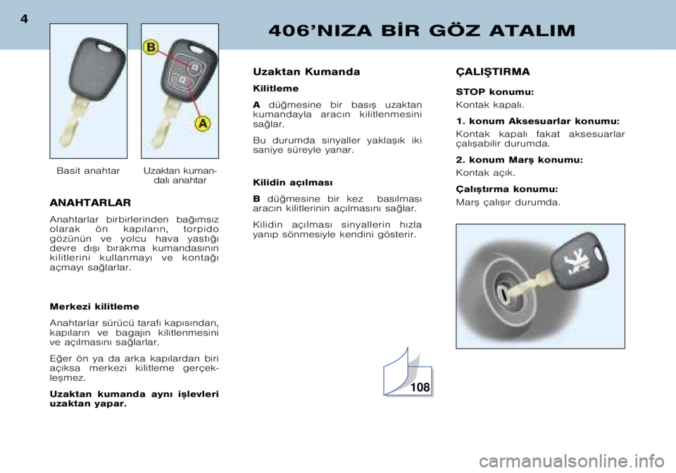 Peugeot 406 2002  Kullanım Kılavuzu (in Turkish) ANAHTARLAR 
Anahtarlar  birbirlerinden  ba©€ms€z 
olarak  ön  kap€lar€n,  torpido
gözünün  ve  yolcu  hava  yast€©€
devre  d€™€  b€rakma  kumandas€n€n
kilitlerini  kullan