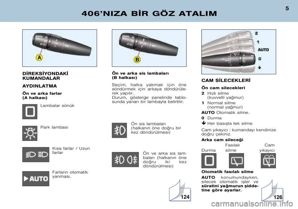 Peugeot 406 2002  Kullanım Kılavuzu (in Turkish) Ön ve arka sis lambalar€  
(B halkas€) 
Seçim,  halka  yakmak  için  öne 
söndürmek  için  arkaya  döndürüle�
rek yap€l€r. 
Durum,  gösterge  panelinde  tablo�
sunda yanan bir lamba