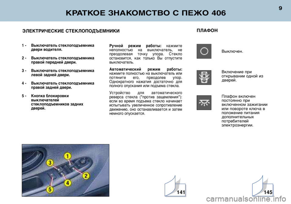 Peugeot 406 2002  Инструкция по эксплуатации (in Russian) КРАТКОЕ ЗНАКОМСТВО С ПЕЖО 406
9
ПЛАФОНВыключен. 
Включение при 
открывании одной издверей. 
Плафон включен 
пост