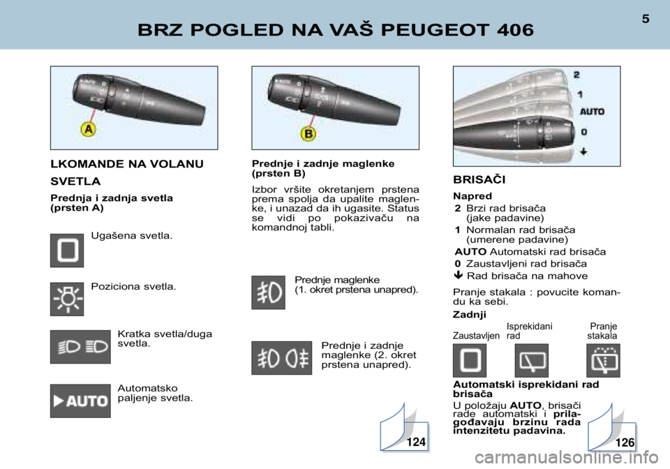 Peugeot 406 2002  Упутство за употребу (in Serbian) Prednje i zadnje maglenke 
(prsten B) 
Izbor  vršite  okretanjem  prstena 
prema  spolja  da  upalite  maglen-
ke, i unazad da ih ugasite. Status
se  vidi  po  pokazivaču  na
komandnoj tabli. Prednj