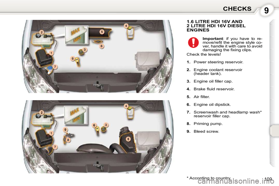 Peugeot 407 2010  Owners Manual 9CHECKS
109
 1.6 LITRE HDI 16V AND 2 LITRE HDI 16V DIESEL ENGINES 
  *   According to country.    
Important  :  if  you  have  to  re-
�m�o�v�e�/�r�e�ﬁ� �t� �t�h�e� �e�n�g�i�n�e� �s�t�y�l�e� �c�o�-