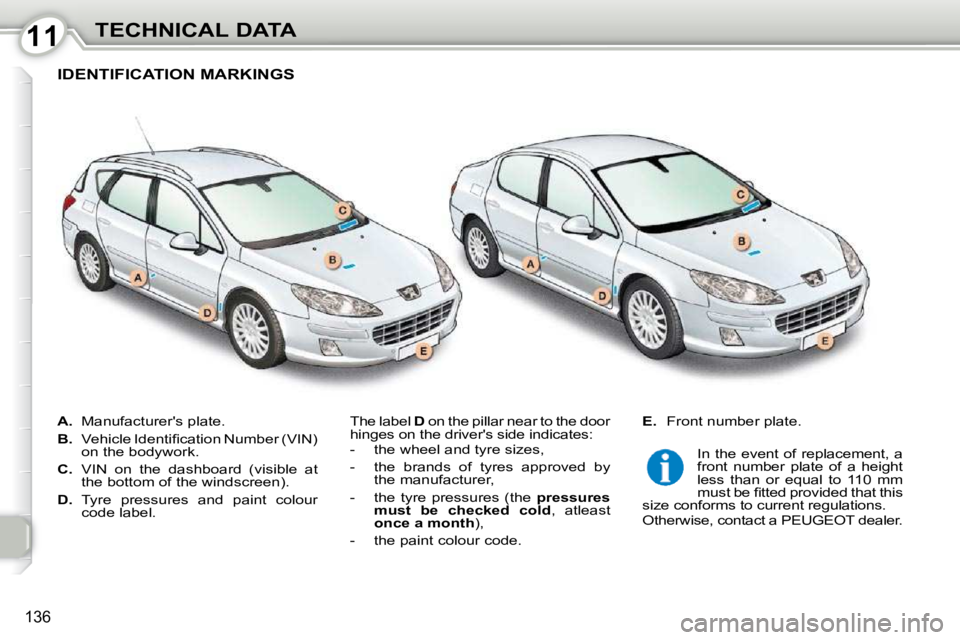Peugeot 407 2010  Owners Manual 1111TECHNICAL DATA
136
   
A. � �  �M�a�n�u�f�a�c�t�u�r�e�r�'�s� �p�l�a�t�e�.� 
  
B. � �  �V�e�h�i�c�l�e� �I�d�e�n�t�i�ﬁ� �c�a�t�i�o�n� �N�u�m�b�e�r� �(�V�I�N�)� 
�o�n� �t�h�e� �b�o�d�y�w�o�r�k