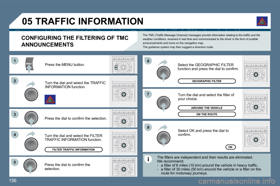 Peugeot 407 2010  Owners Manual 156 
�5�5
�6�6
�7�7
�8�8
11
�2�2
�3�3
�4�4
�0�5
CONFIGURING THE FILTERING OF TMC 
ANNOUNCEMENTS 
� �T�h�e� �T�M�C� �(�T�r�a�f�ﬁ� �c� �M�e�s�s�a�g�e� �C�h�a�n�n�e�l�)� �m�e�s�s�a�g�e�s� �p�r�o�v�i�d�